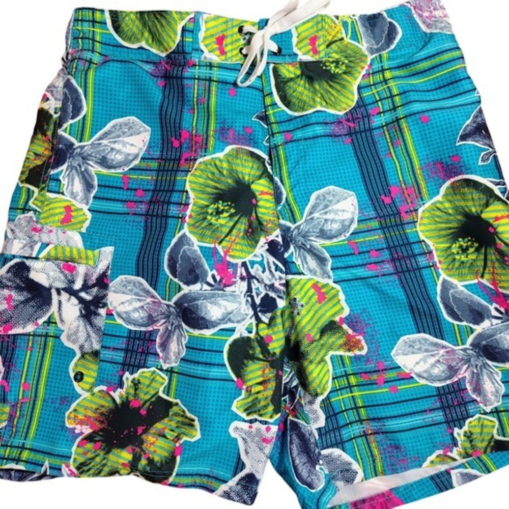 Joe Boxer Men Tropical‎ Plaid Swim Trunks Shorts Blue L/G Aloha Beach hawaiian